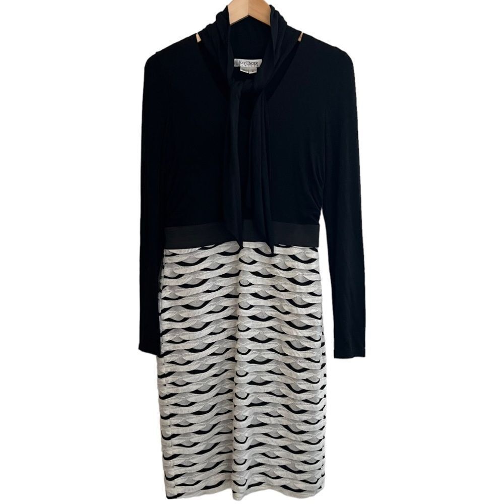 Kay Unger Neck tie Midi Black & White pencil Dress Size 8 women (one-piece)